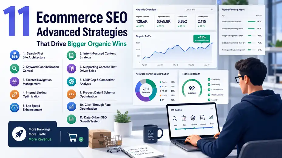 An informative illustration about 11 Ecommerce SEO Advanced Strategies That Drive Bigger Organic Wins
