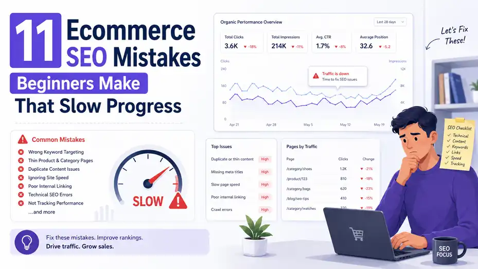 An informative illustration about 11 Ecommerce SEO Mistakes Beginners Make That Slow Progress