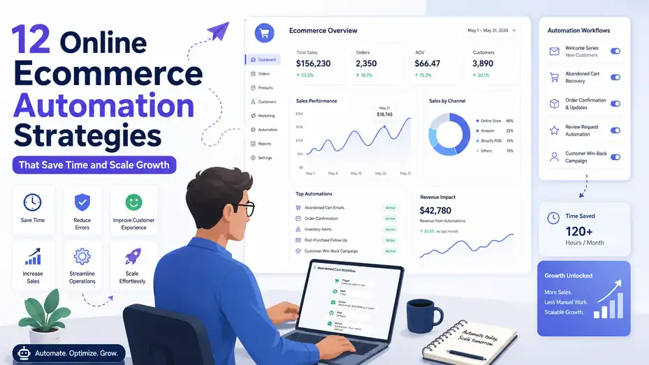 An informative illustration about 12 Online Ecommerce Automation Strategies That Save Time and Scale Growth
