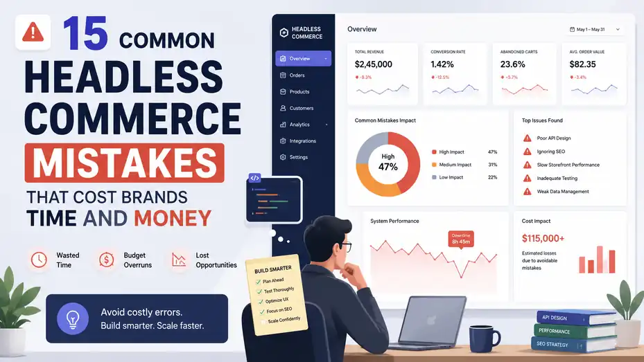 An informative illustration about 15 Common Headless Commerce Mistakes That Cost Brands Time and Money