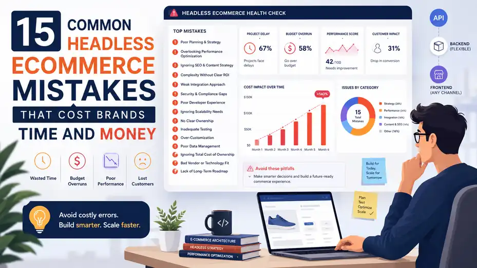 An informative illustration about 15 Common Headless Ecommerce Mistakes That Cost Brands Time and Money