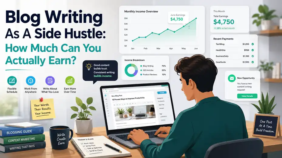 An informative illustration about Blog Writing As A Side Hustle: How Much Can You Actually Earn?