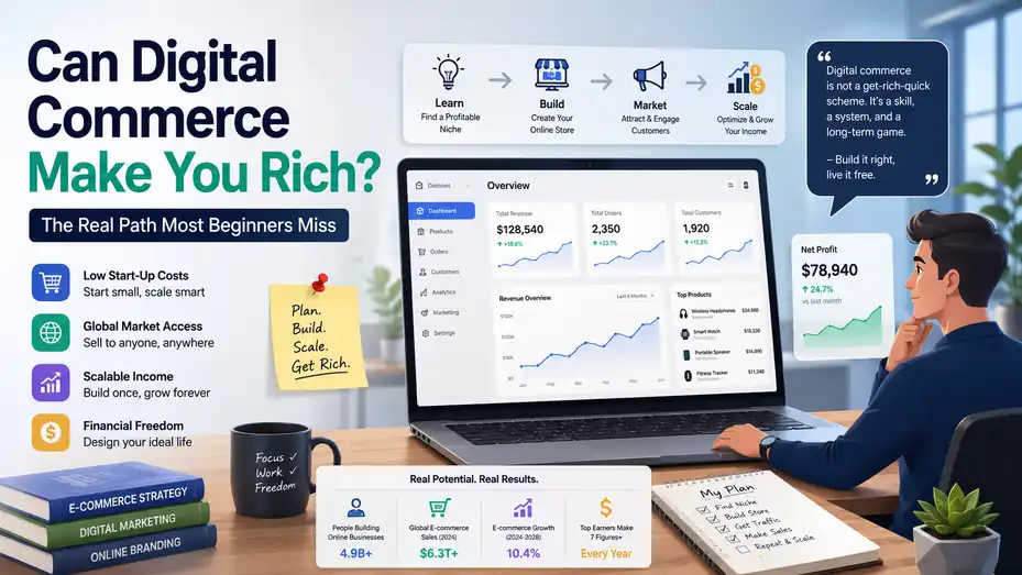 An informative illustration about Can Digital Commerce Make You Rich? The Real Path Most Beginners Miss