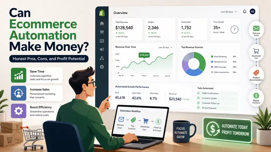 An informative illustration about Can Ecommerce Automation Make Money? Honest Pros, Cons, and Profit Potential