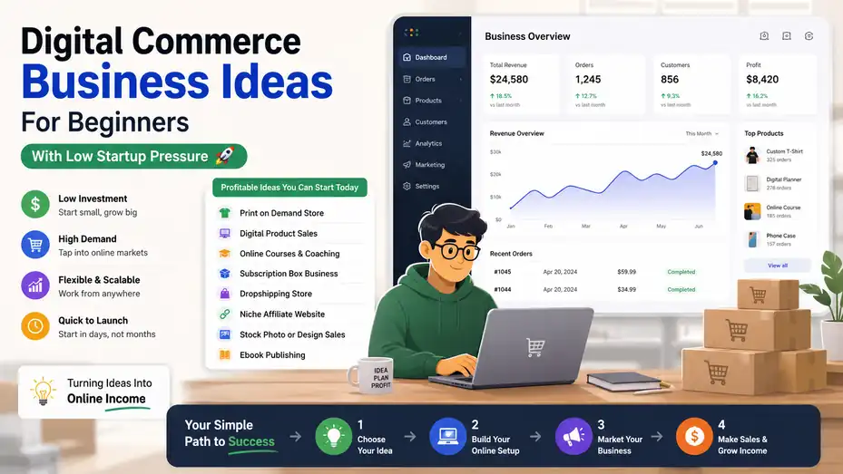 An informative illustration about Digital Commerce Business Ideas For Beginners With Low Startup Pressure