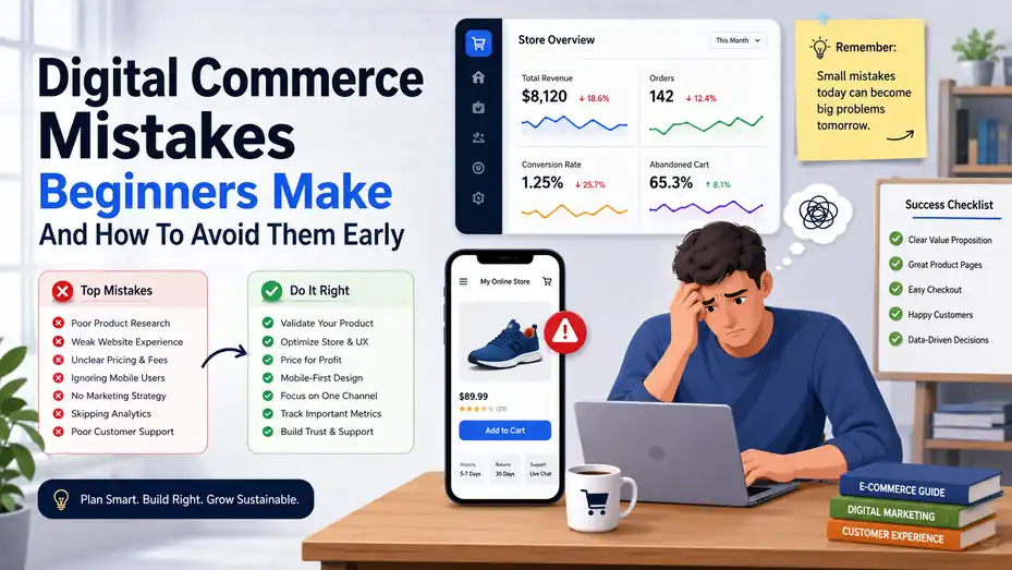 An informative illustration about Digital Commerce Mistakes Beginners Make And How To Avoid Them Early
