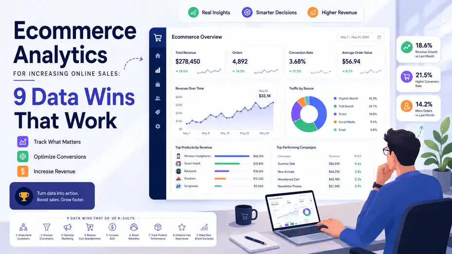 An informative illustration about Ecommerce Analytics For Increasing Online Sales: 9 Data Wins That Work