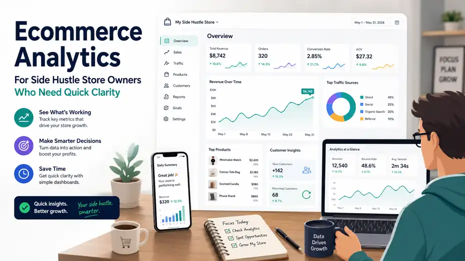 An informative illustration about Ecommerce Analytics For Side Hustle Store Owners Who Need Quick Clarity