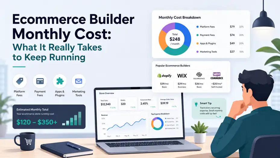 An informative illustration about Ecommerce Builder Monthly Cost: What It Really Takes to Keep Running