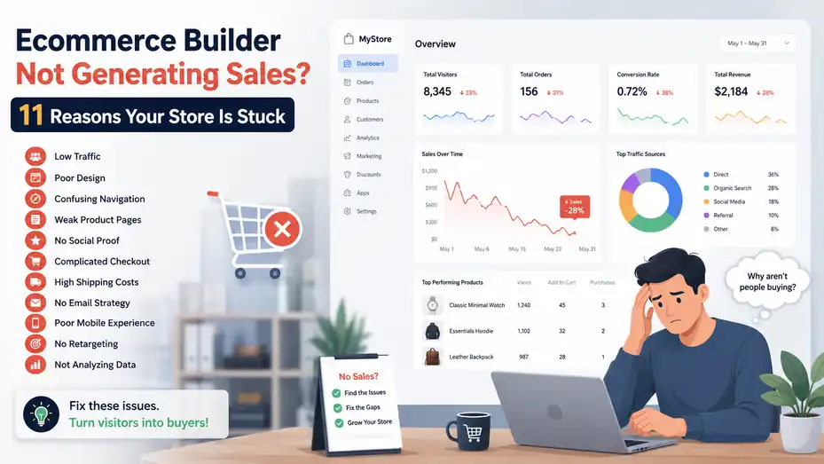 An informative illustration about Ecommerce Builder Not Generating Sales? 11 Reasons Your Store Is Stuck