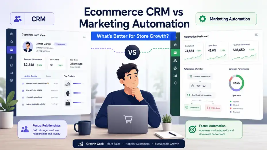 An informative illustration about Ecommerce CRM vs Marketing Automation: What’s Better for Store Growth?