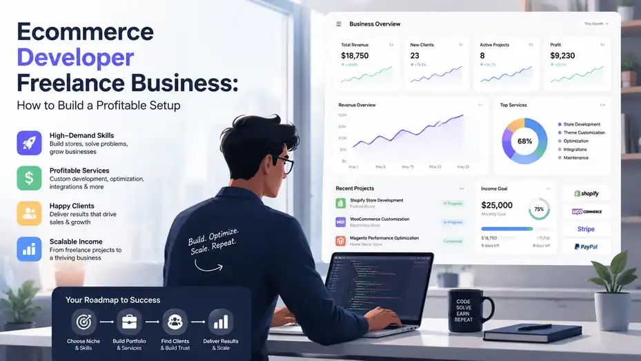 An informative illustration about Ecommerce Developer Freelance Business: How to Build a Profitable Setup
