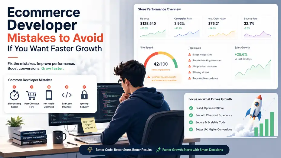 An informative illustration about Ecommerce Developer Mistakes to Avoid If You Want Faster Growth