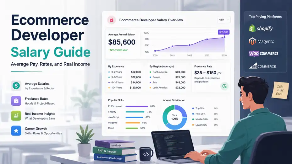 An informative illustration about Ecommerce Developer Salary Guide: Average Pay, Rates, and Real Income