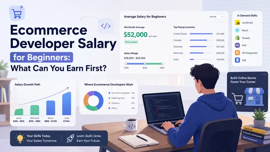 An informative illustration about Ecommerce Developer Salary for Beginners: What Can You Earn First?