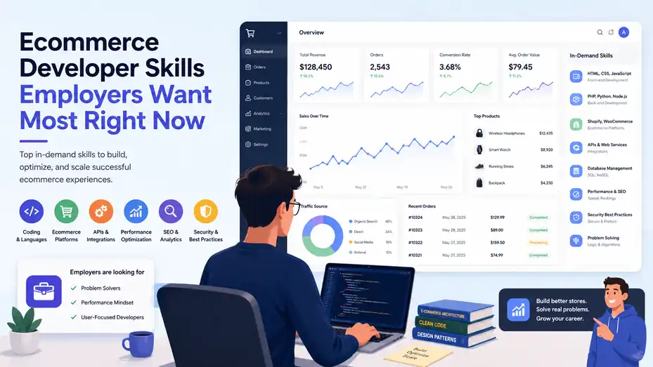 An informative illustration about Ecommerce Developer Skills Employers Want Most Right Now