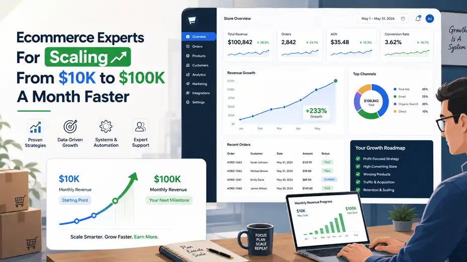 An informative illustration about Ecommerce Experts For Scaling From 10K To 100K A Month Faster