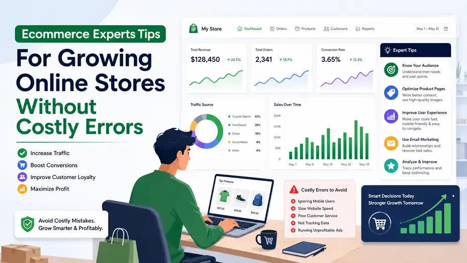An informative illustration about Ecommerce Experts Tips For Growing Online Stores Without Costly Errors