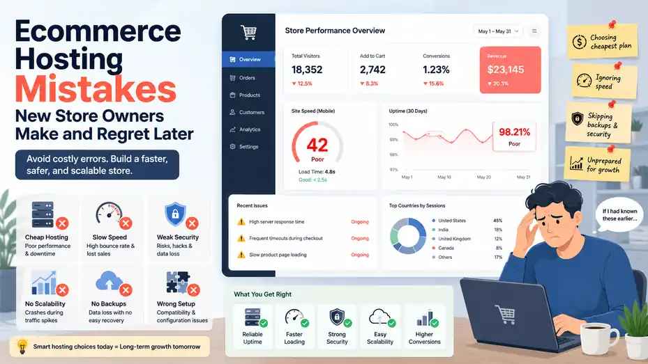 An informative illustration about Ecommerce Hosting Mistakes New Store Owners Make and Regret Later