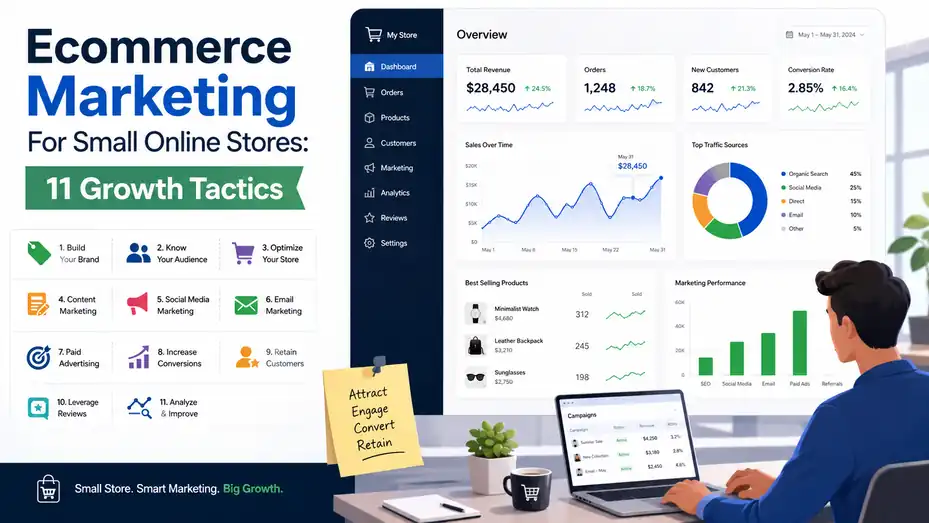 An informative illustration about Ecommerce Marketing For Small Online Stores: 11 Growth Tactics