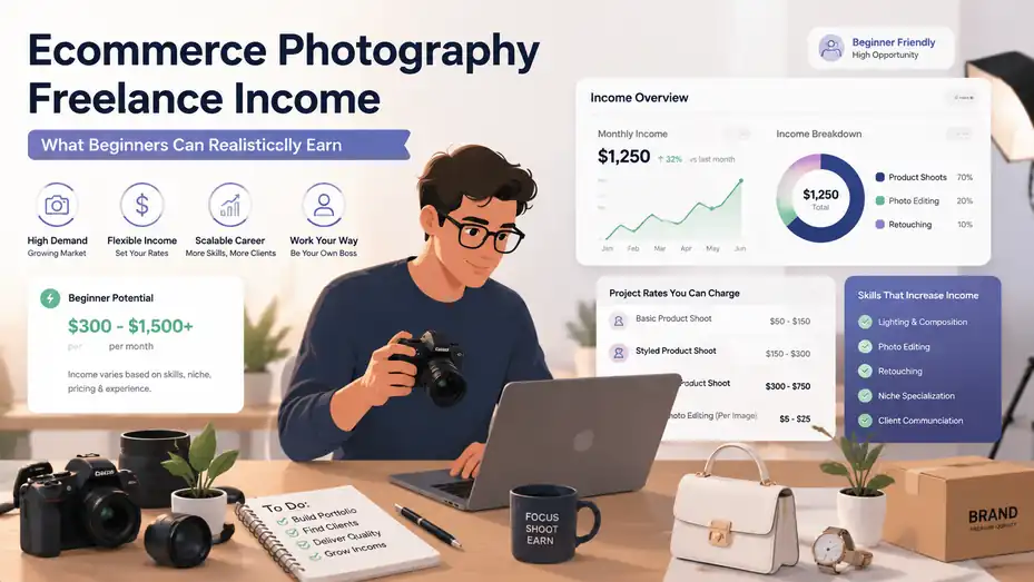 An informative illustration about Ecommerce Photography Freelance Income: What Beginners Can Realistically Earn