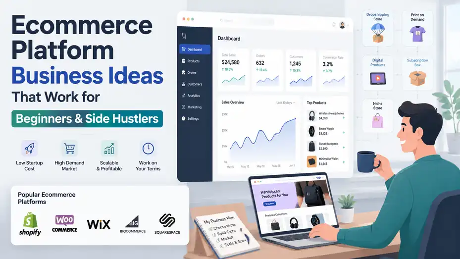 An informative illustration about Ecommerce Platform Business Ideas That Work for Beginners and Side Hustlers