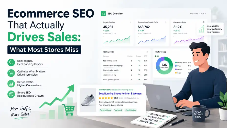 An informative illustration about Ecommerce SEO That Actually Drives Sales: What Most Stores Miss