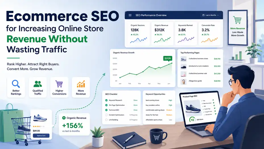 An informative illustration about Ecommerce SEO for Increasing Online Store Revenue Without Wasting Traffic