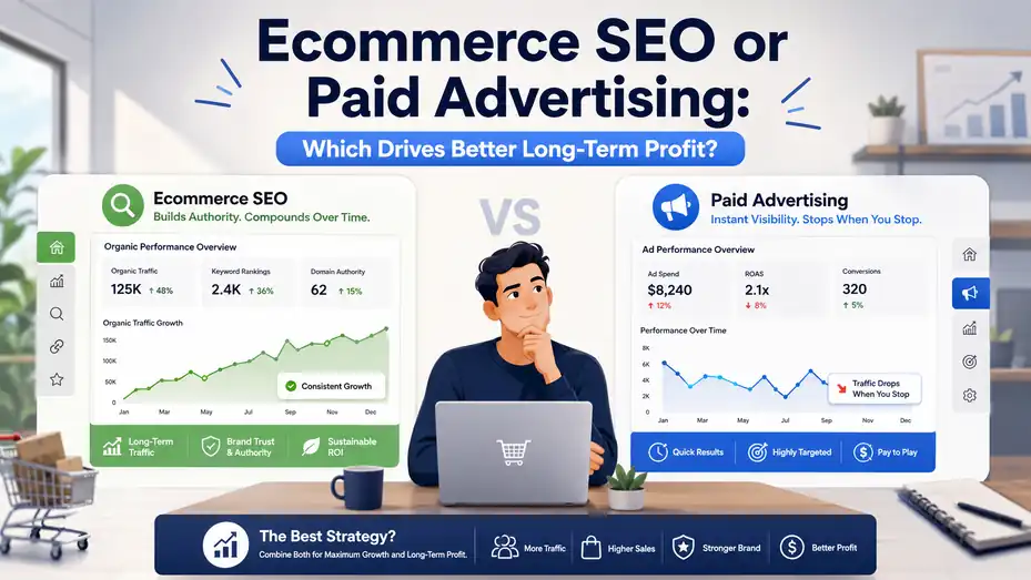 An informative illustration about Ecommerce SEO or Paid Advertising: Which Drives Better Long-Term Profit?