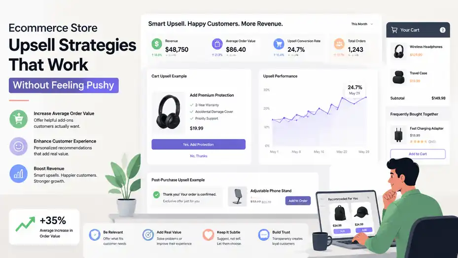 An informative illustration about Ecommerce Store Upsell Strategies That Work Without Feeling Pushy