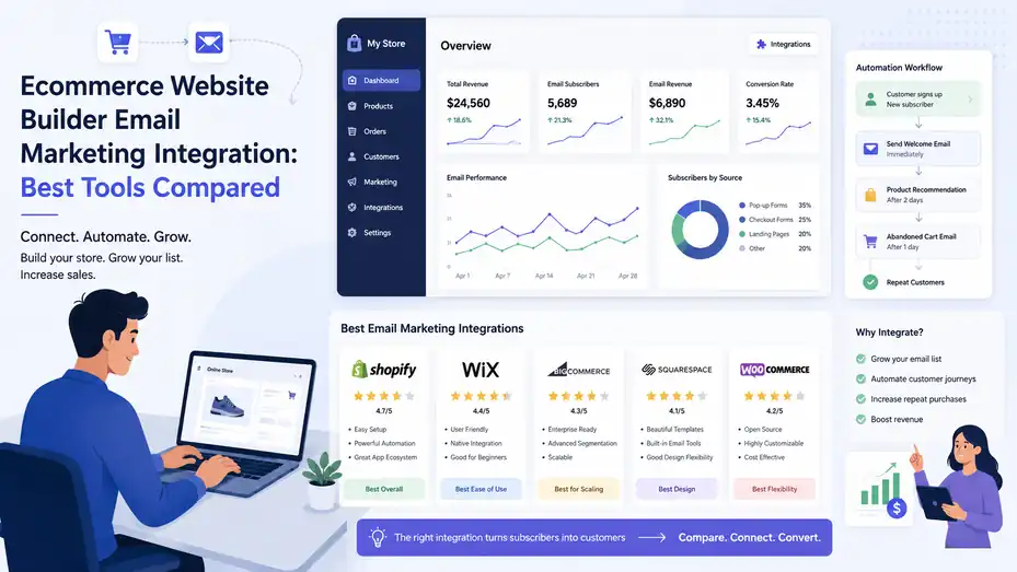 An informative illustration about Ecommerce Website Builder Email Marketing Integration: Best Tools Compared