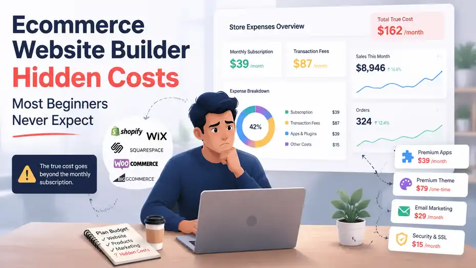 An informative illustration about Ecommerce Website Builder Hidden Costs Most Beginners Never Expect