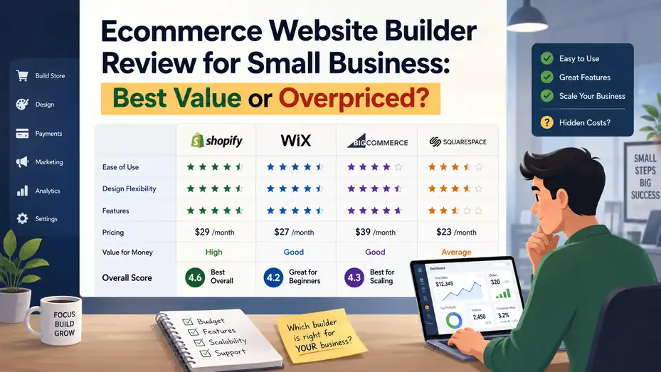 An informative illustration about Ecommerce Website Builder Review for Small Business: Best Value or Overpriced?