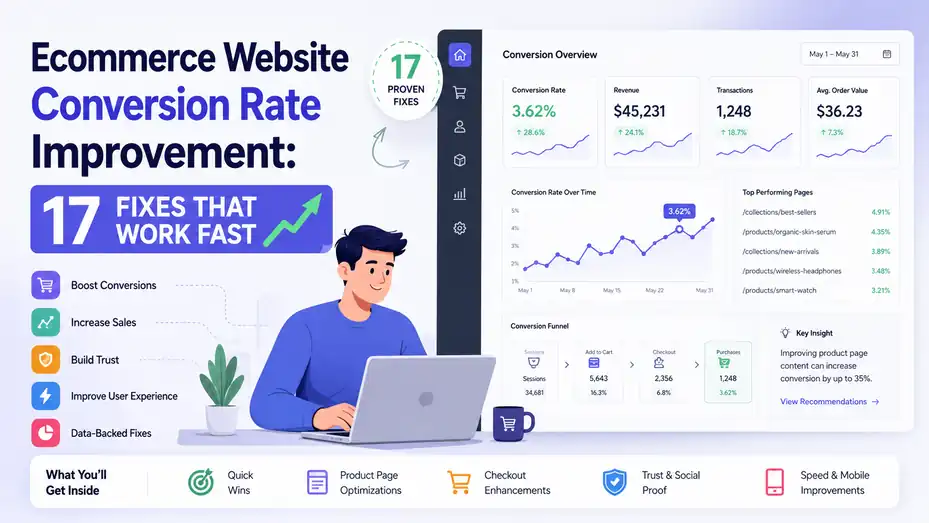 An informative illustration about Ecommerce Website Conversion Rate Improvement: 17 Fixes That Work Fast
