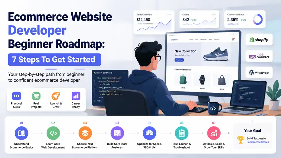 An informative illustration about Ecommerce Website Developer Beginner Roadmap: 7 Steps To Get Started