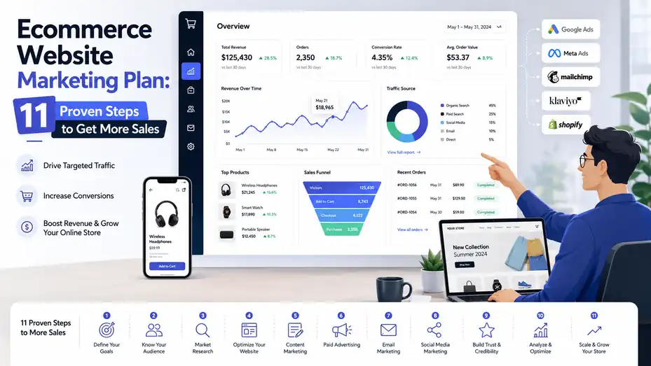 An informative illustration about Ecommerce Website Marketing Plan: 11 Proven Steps to Get More Sales