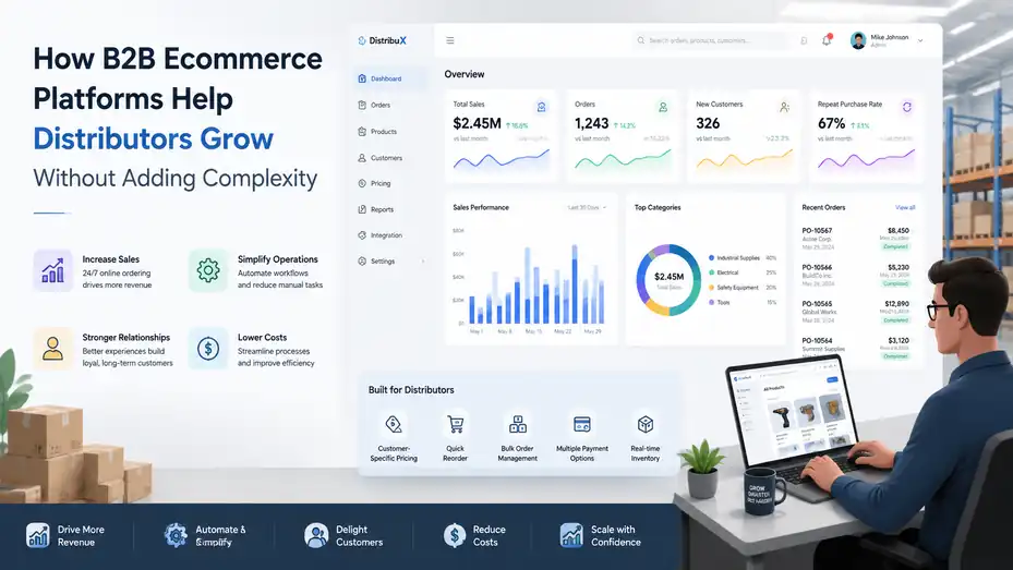 An informative illustration about How B2B Ecommerce Platforms Help Distributors Grow Without Adding Complexity
