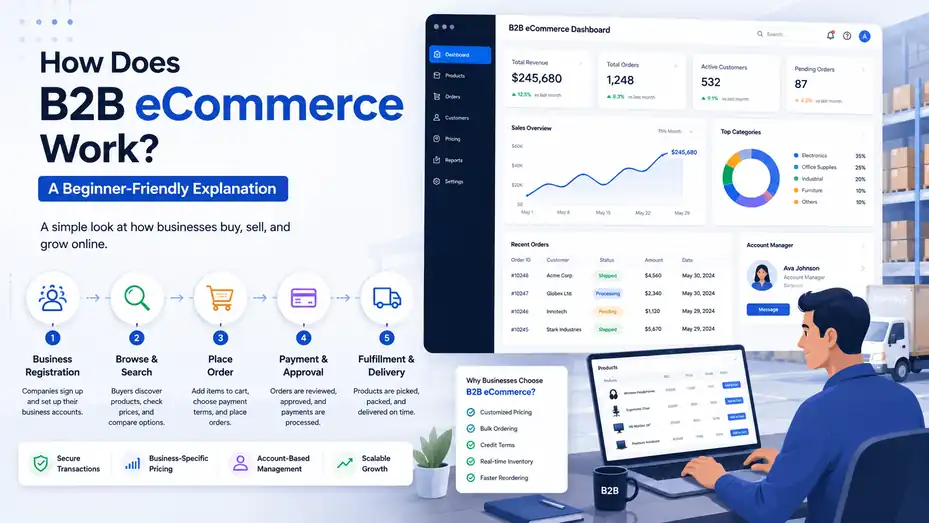An informative illustration about How Does B2B Ecommerce Work? A Beginner-Friendly Explanation