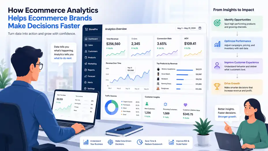 An informative illustration about How Ecommerce Analytics Helps Ecommerce Brands Make Decisions Faster