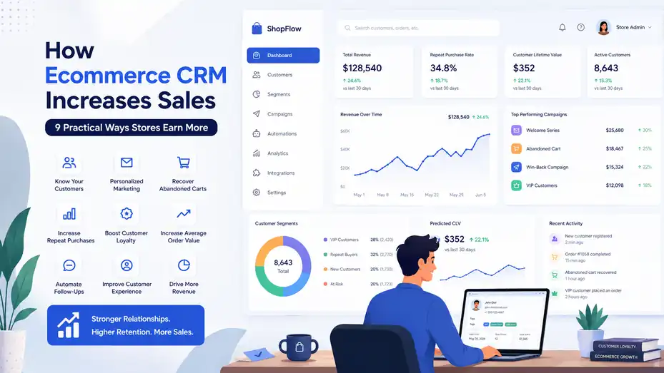 An informative illustration about How Ecommerce CRM Increases Sales: 9 Practical Ways Stores Earn More