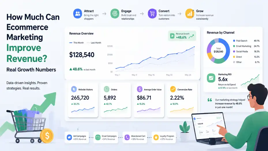 An informative illustration about How Much Can Ecommerce Marketing Improve Revenue? Real Growth Numbers