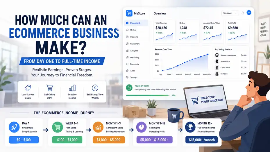 An informative illustration about How Much Can an Ecommerce Business Make From Day One to Full-Time Income?