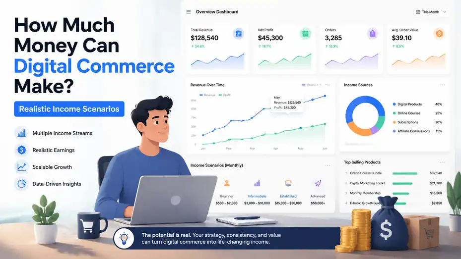 An informative illustration about How Much Money Can Digital Commerce Make? Realistic Income Scenarios