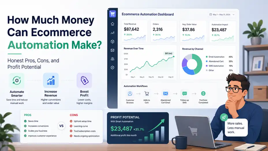 An informative illustration about How Much Money Can Ecommerce Automation Make? Honest Pros, Cons, and Profit Potential
