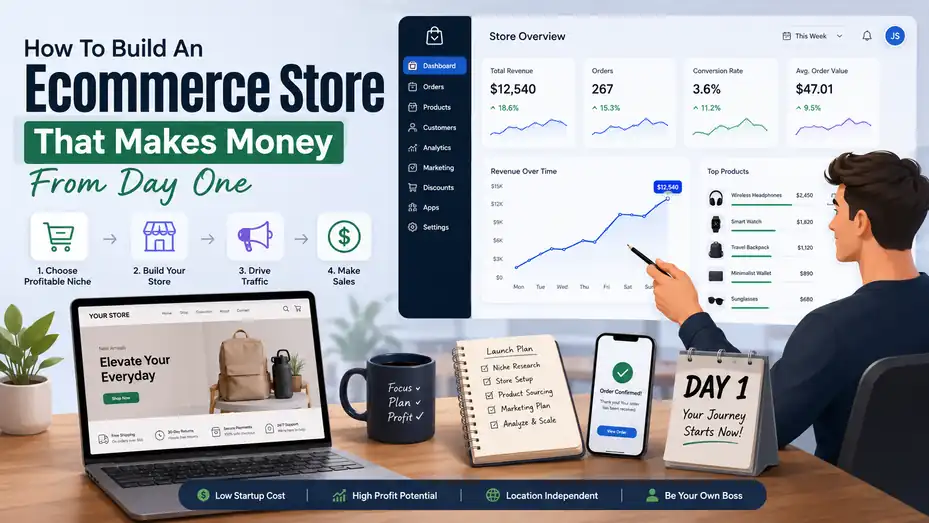 An informative illustration about How To Build An Ecommerce Store That Makes Money From Day One
