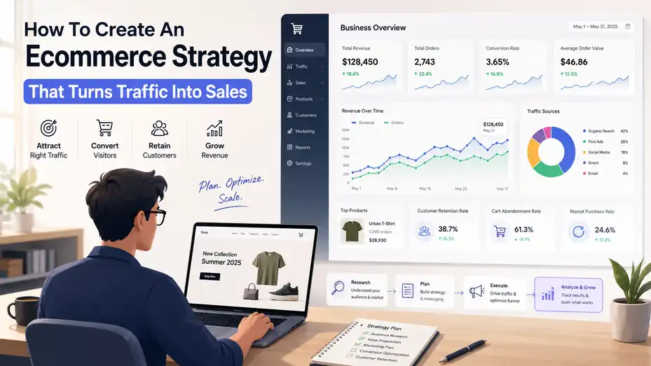 An informative illustration about How To Create An Ecommerce Strategy That Turns Traffic Into Sales