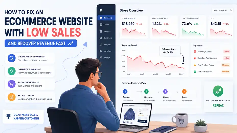 An informative illustration about How To Fix An Ecommerce Website With Low Sales and Recover Revenue Fast