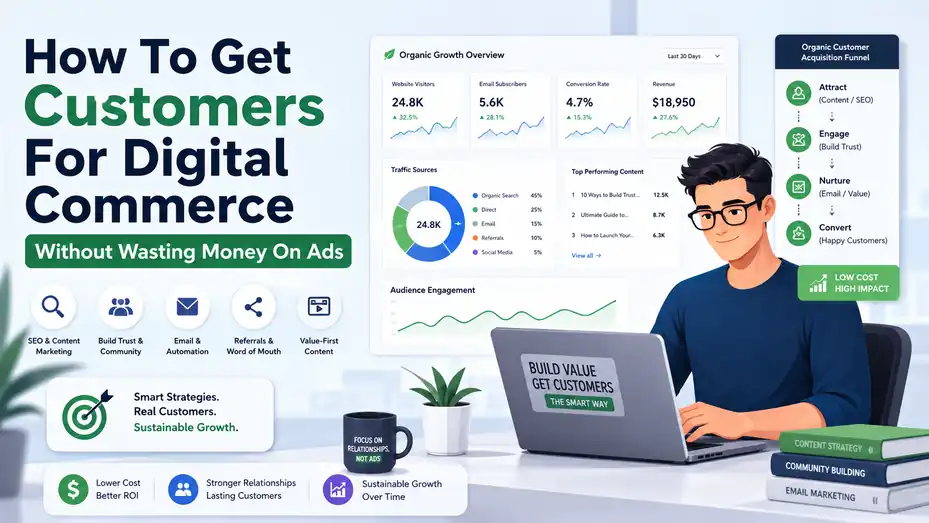 An informative illustration about How To Get Customers For Digital Commerce Without Wasting Money On Ads