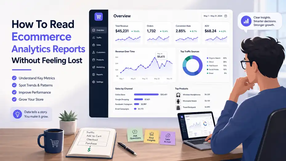An informative illustration about How To Read Ecommerce Analytics Reports Without Feeling Lost