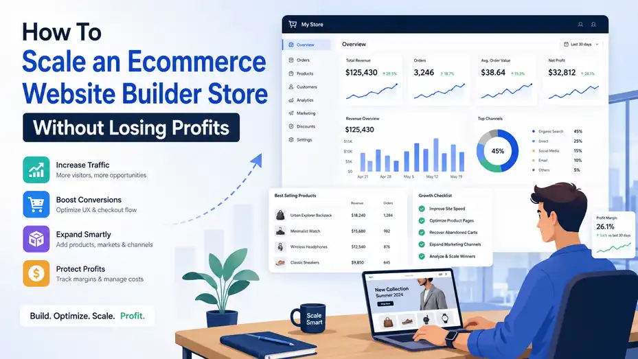 An informative illustration about How To Scale an Ecommerce Website Builder Store Without Losing Profits